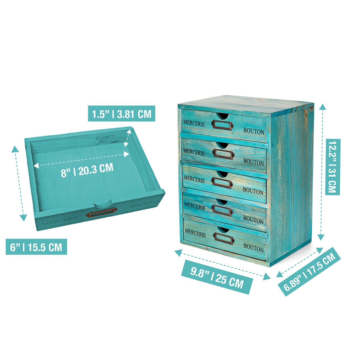 Teal 5-Drawer Wood Desktop Vintage Organizer | French Euro Farmhouse Storage Shelf Cabinet