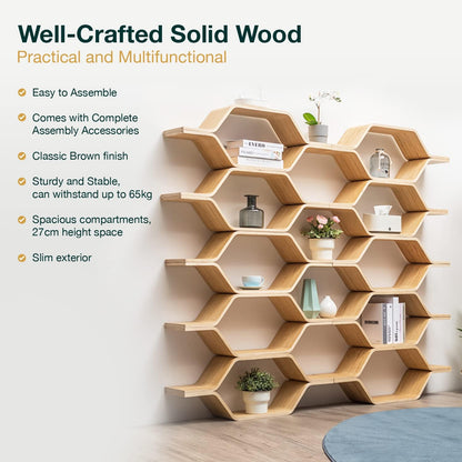 6-Level Honeycomb Hexagon Shelving Set - 5ft Tall DIY Wood Shelves Slim Shelf Room Divider