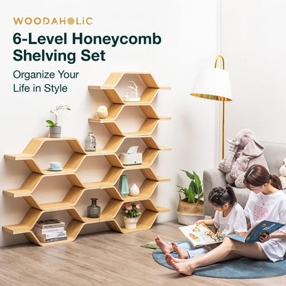 6-Level Honeycomb Hexagon Shelving Set - 5ft Tall DIY Wood Shelves Slim Shelf Room Divider