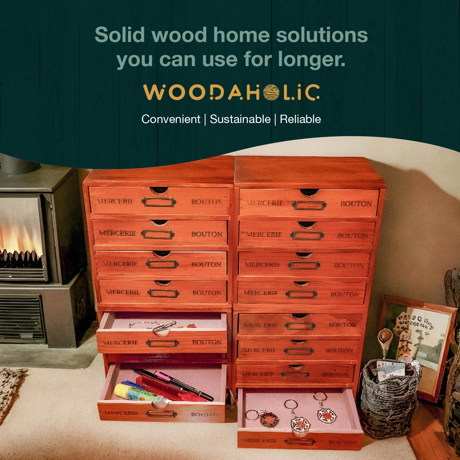 16Drawer Wooden Card Catalog Storage Box Vintage Slide Out