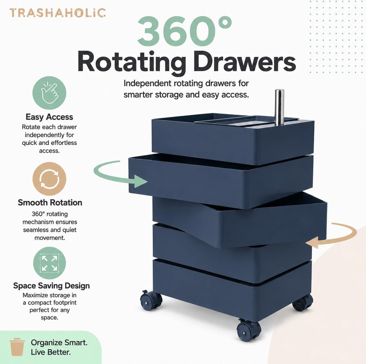 5-Tier Rolling Drawer Storage Cart with 360° Rotating Trays & Locking Wheels - Navy Blue