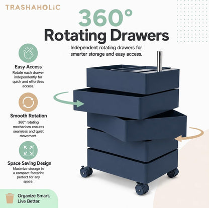 5-Tier Rolling Drawer Storage Cart with 360° Rotating Trays & Locking Wheels - Navy Blue