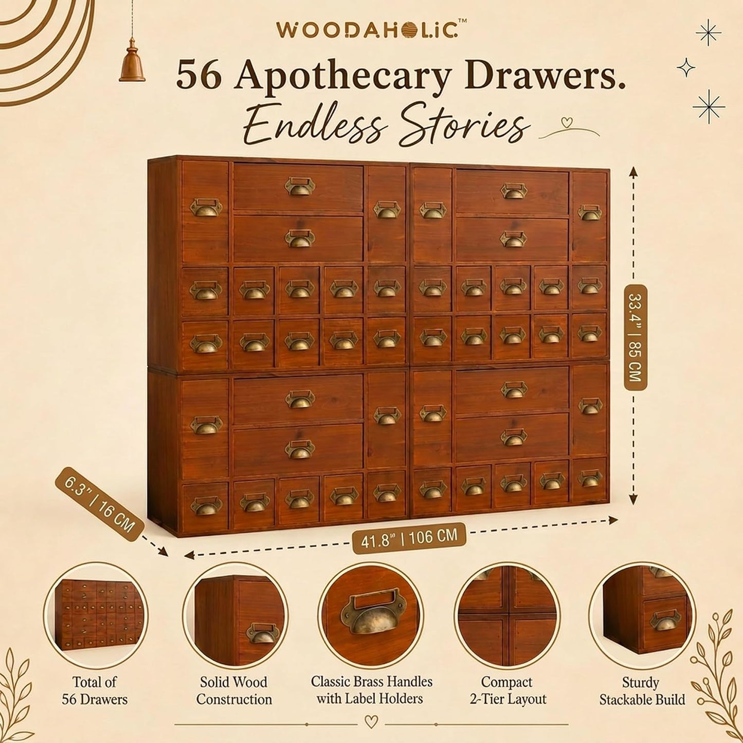 56-Drawer Wooden Apothecary Organizer - Stackable Library Card Catalog Storage Cabinet for Trading Cards, Stickers, Beads & Hardware