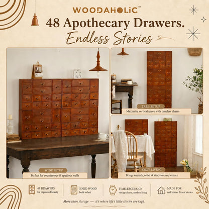 48-Drawer Library Card Catalog Organizer - Stackable Wooden Apothecary Storage Cabinet for Tea, Essential Oils, Office Supplies & Small Parts