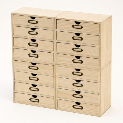 Natural Pine 16-Drawer Wooden Organizer - Modular Stackable Storage Cabinet for Office Supplies, Makeup, Tea Bags & Small Household Items