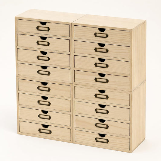 Natural Pine 16-Drawer Wooden Organizer - Modular Stackable Storage Cabinet for Office Supplies, Makeup, Tea Bags & Small Household Items