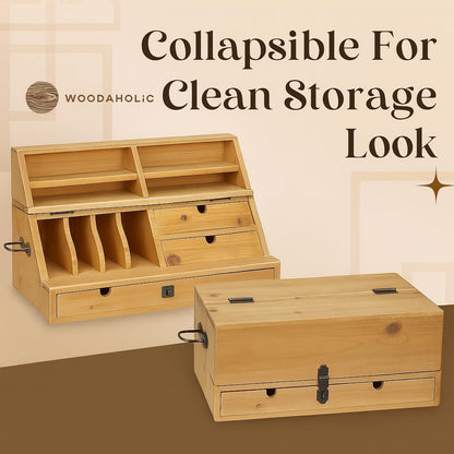 Hardwood Artist Desk Organizer with Drawers & Compartments - Collapsible Wooden Storage