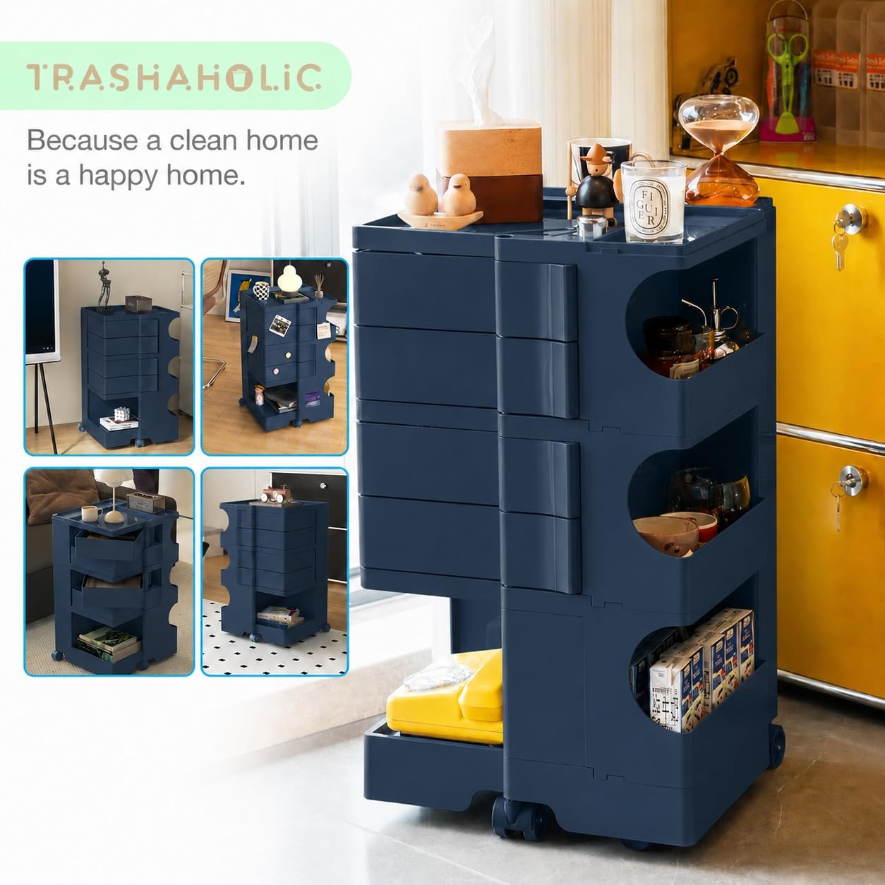 All-in-One Rolling Utility Cart with 4 Swing-Out Drawers, Open Shelves & Swivel Wheels - Navy Blue