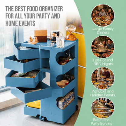 4-Drawer Rolling Storage Trolley with Open Shelves & Multi-Purpose Organizer - Ocean Blue