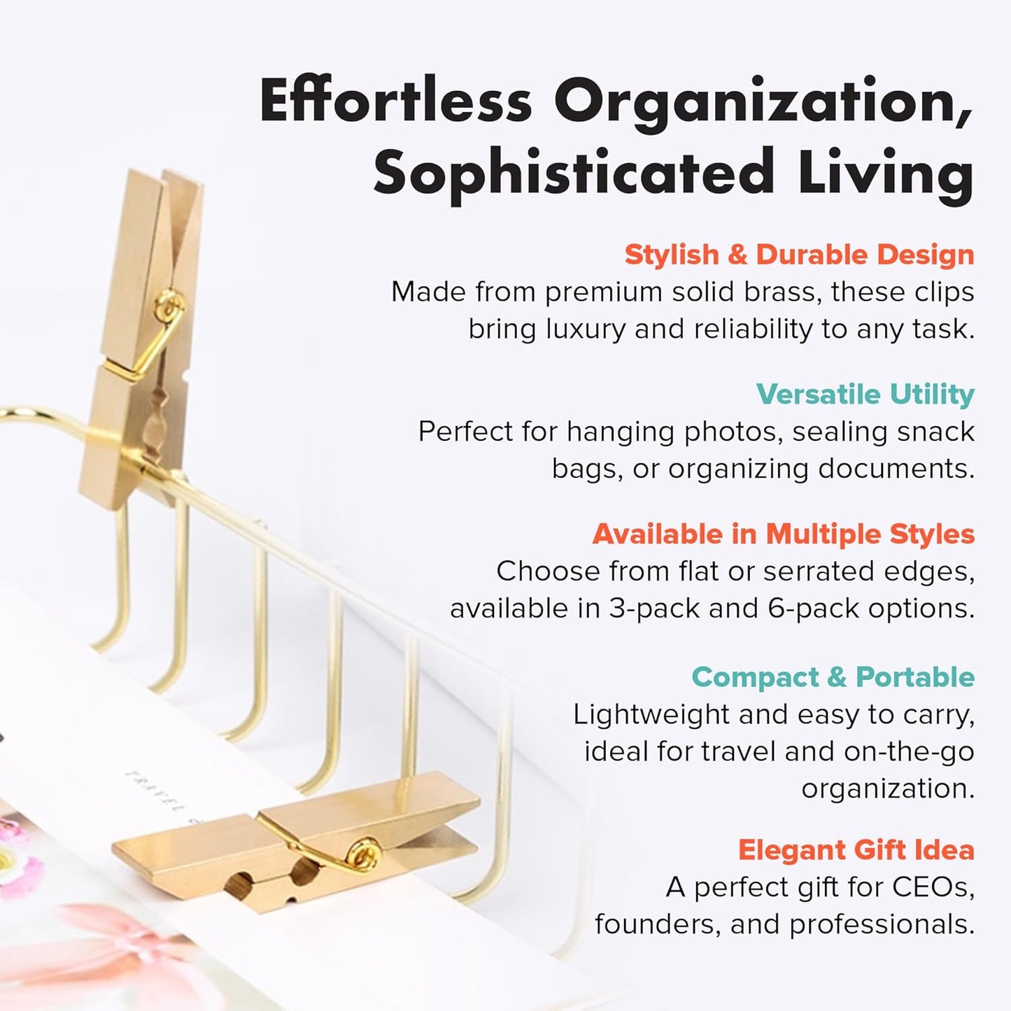 Solid Brass Clothespin Clips – Premium Gold Flat-Mouth Clips for Office, Home & Décor and Stationary