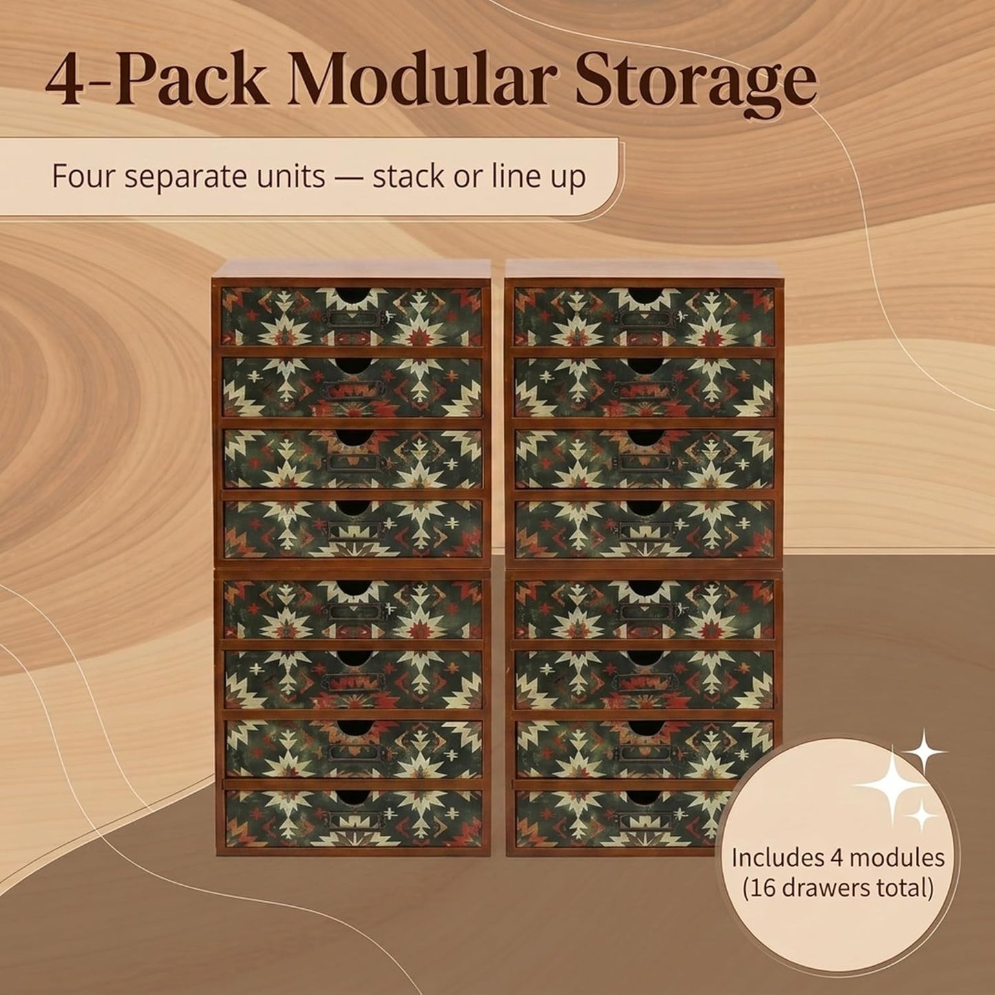 Boho Geometric 16-Drawer Wooden Organizer Set - Modular Stackable Desktop Storage Cabinet for Desk, Vanity, Kitchen, Crafts & Jewelry