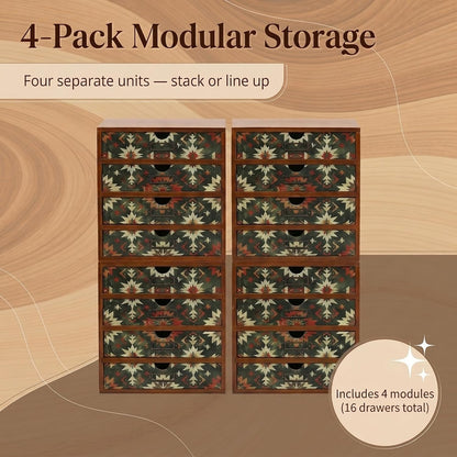 Boho Geometric 16-Drawer Wooden Organizer Set - Modular Stackable Desktop Storage Cabinet for Desk, Vanity, Kitchen, Crafts & Jewelry