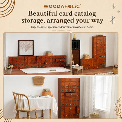 56-Drawer Wooden Apothecary Organizer - Stackable Library Card Catalog Storage Cabinet for Trading Cards, Stickers, Beads & Hardware