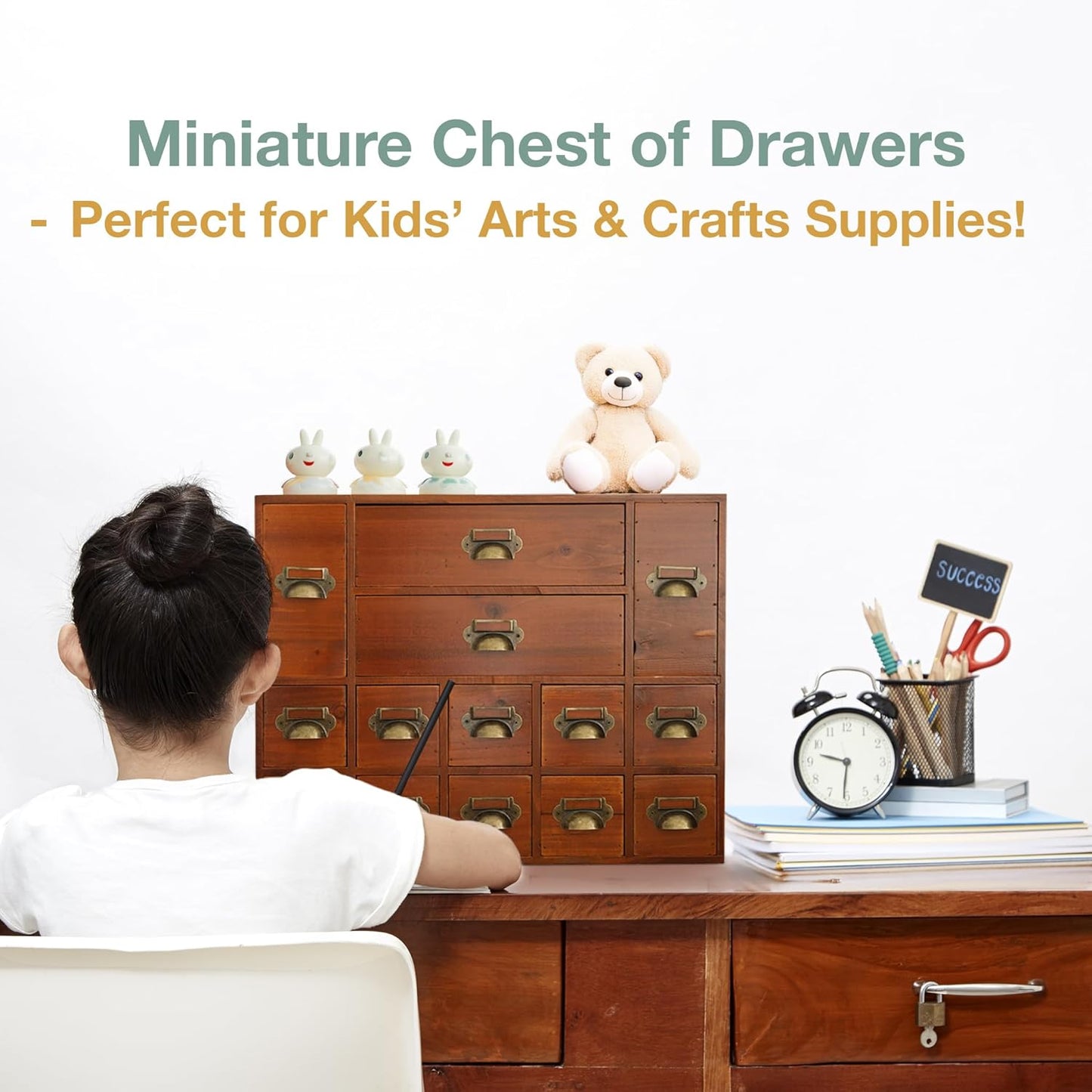 Vintage 14-Drawer Wooden Apothecary Cabinet – Mini Storage Chest with Brass Handles – Desktop Organizer for Index Cards