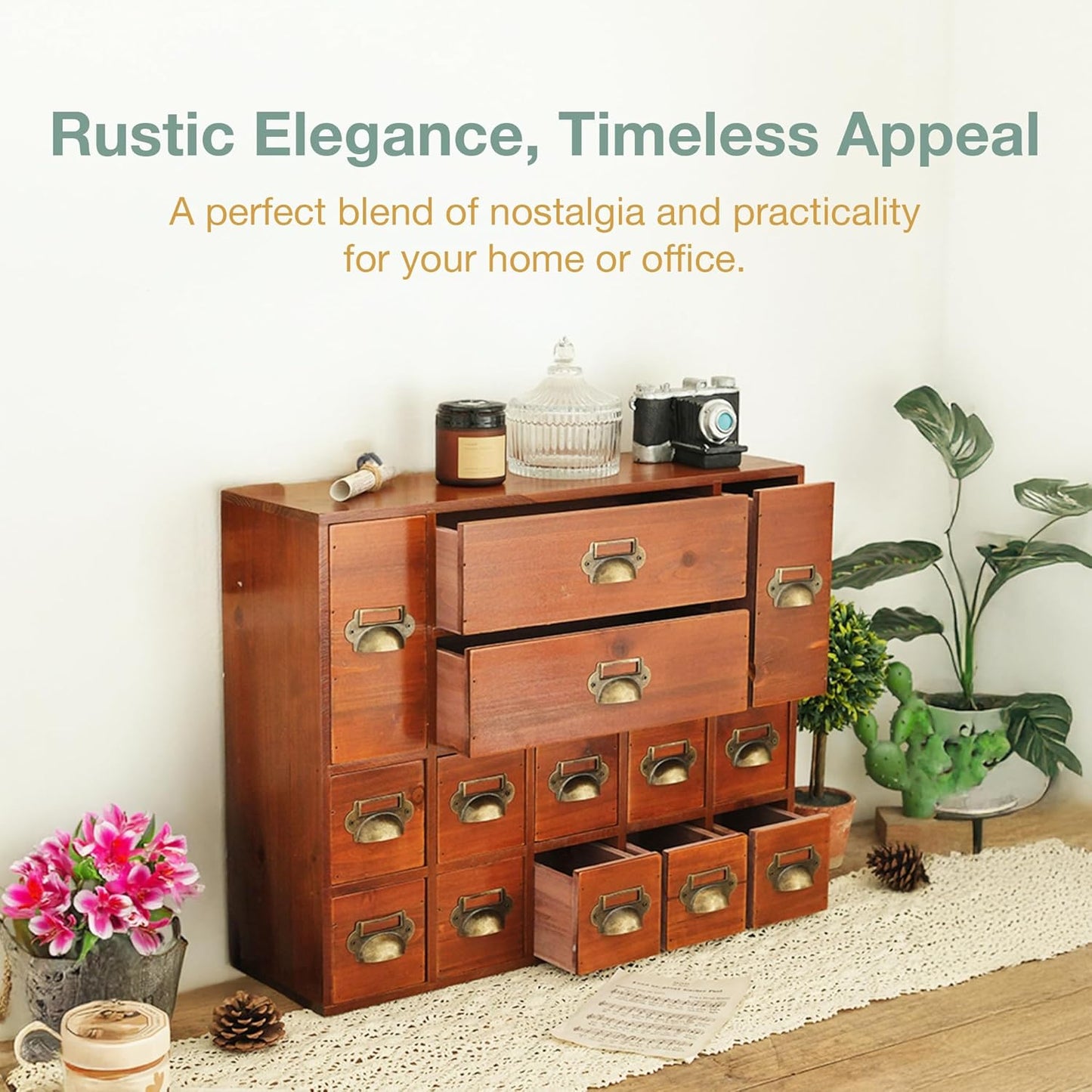 Vintage 14-Drawer Wooden Apothecary Cabinet – Mini Storage Chest with Brass Handles – Desktop Organizer for Index Cards