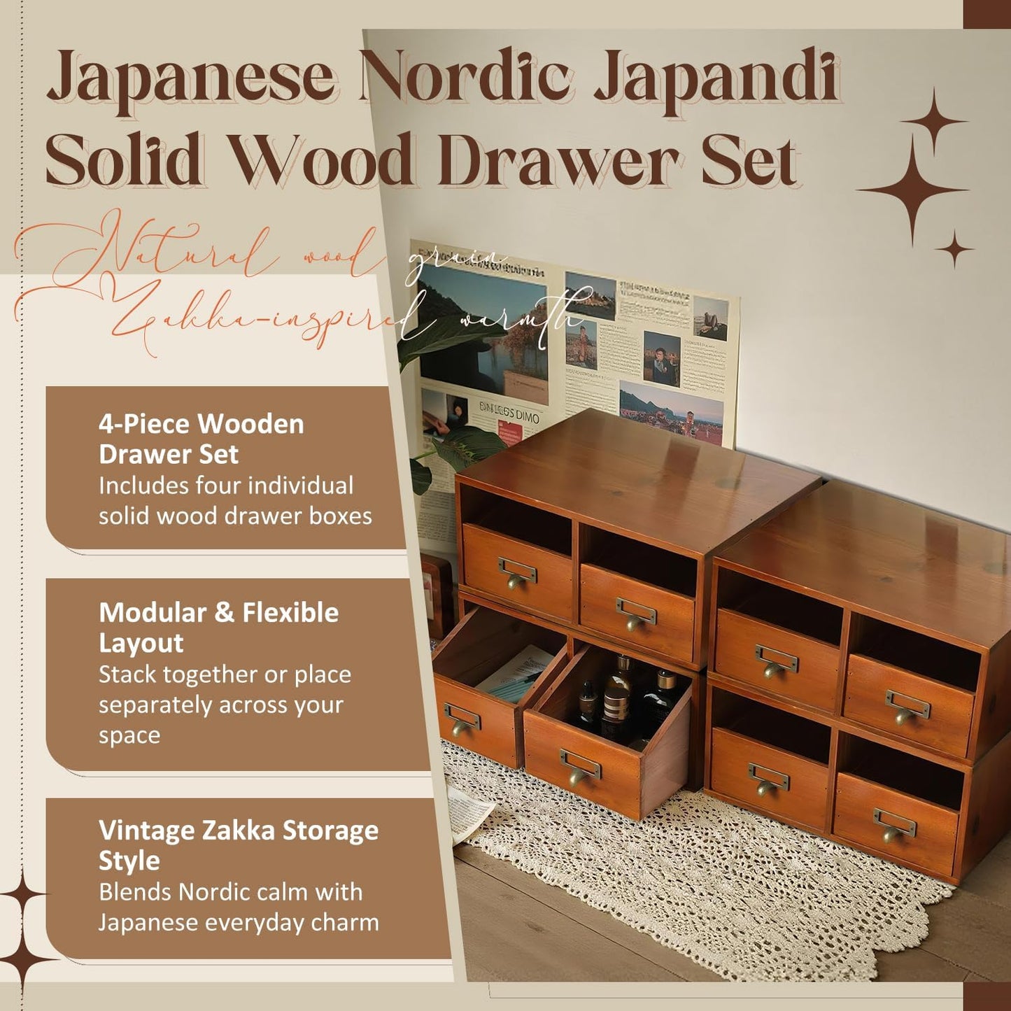 4-Pack Wide Wooden Desktop Drawer Organizer with Brass Label Holders | Stackable 8-Drawer Storage Boxes for Desk, Shelf, Office & Home