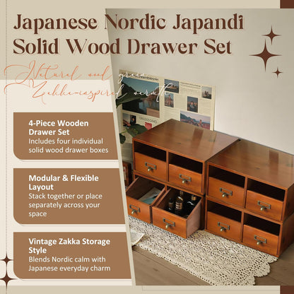 4-Pack Wide Wooden Desktop Drawer Organizer with Brass Label Holders | Stackable 8-Drawer Storage Boxes for Desk, Shelf, Office & Home