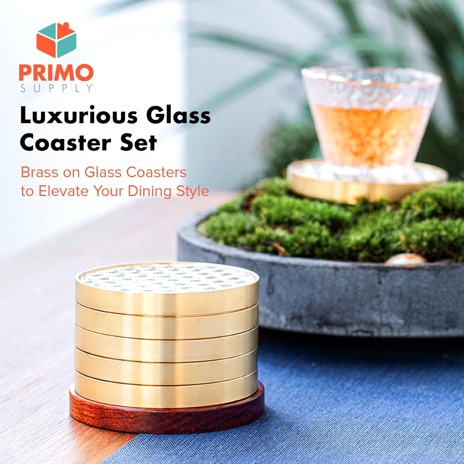 Load image into Gallery viewer, Brass on Glass Coasters for Drinks-Gold Decor Accents for Table Decor, Bar Accessories &amp; Wedding Gift