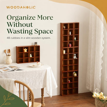 48-Compartment Wooden Cubby Display Shelf Set - 4-Pack Stackable Curio Organizer for Mini Figures, Shot Glasses, Crystals & Collectibles