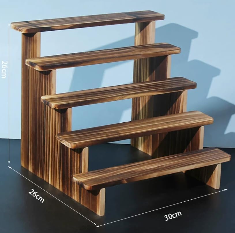5-Tier Wooden Display Riser Stand - Rustic Burnt Wood Tabletop Shelf for Perfume, Candles, Nail Polish, Crystals & Vendor Booth Displays