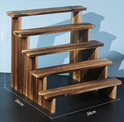 5-Tier Wooden Display Riser Stand - Rustic Burnt Wood Tabletop Shelf for Perfume, Candles, Nail Polish, Crystals & Vendor Booth Displays