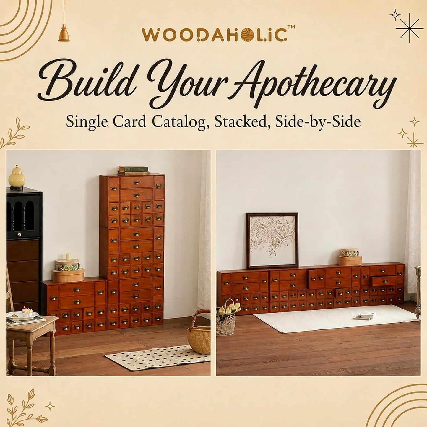 56-Drawer Wooden Apothecary Organizer - Stackable Library Card Catalog Storage Cabinet for Trading Cards, Stickers, Beads & Hardware