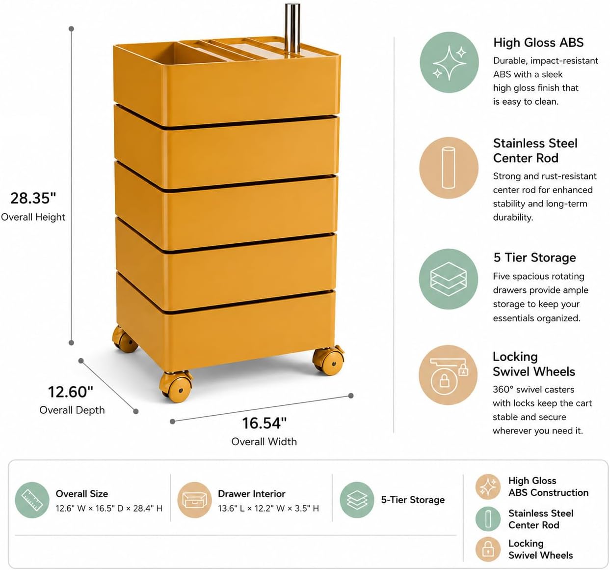 5-Tier Rotating Drawer Utility Cart with Locking Wheels for Crafts, Toys & Office Storage - Yellow