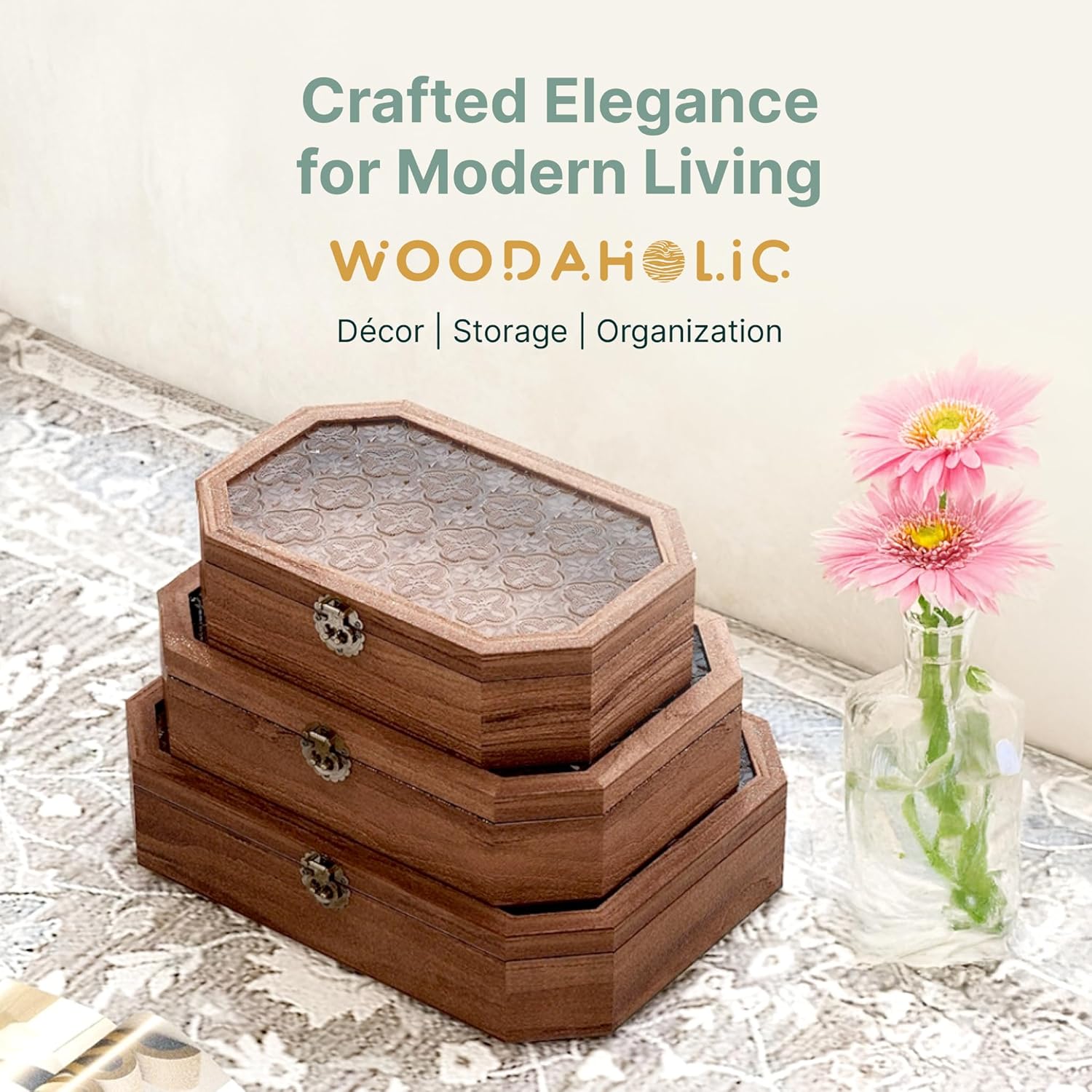 Set of 3 Solid Wood Storage Boxes with Lids 