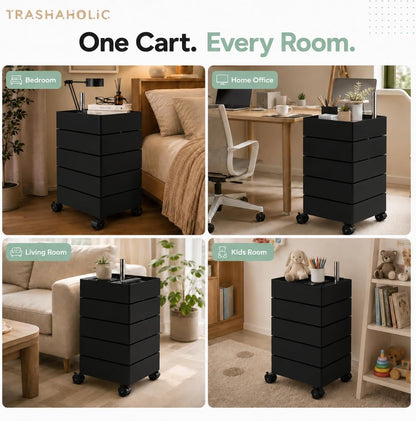 Mid-Century Modern 5-Drawer Rolling Utility Storage Cart with 360° Rotating Drawers & Locking Wheels - Black