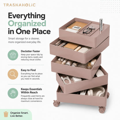 Mid-Century Modern 5-Drawer Rolling Utility Storage Cart with 360° Rotating Drawers - Pink
