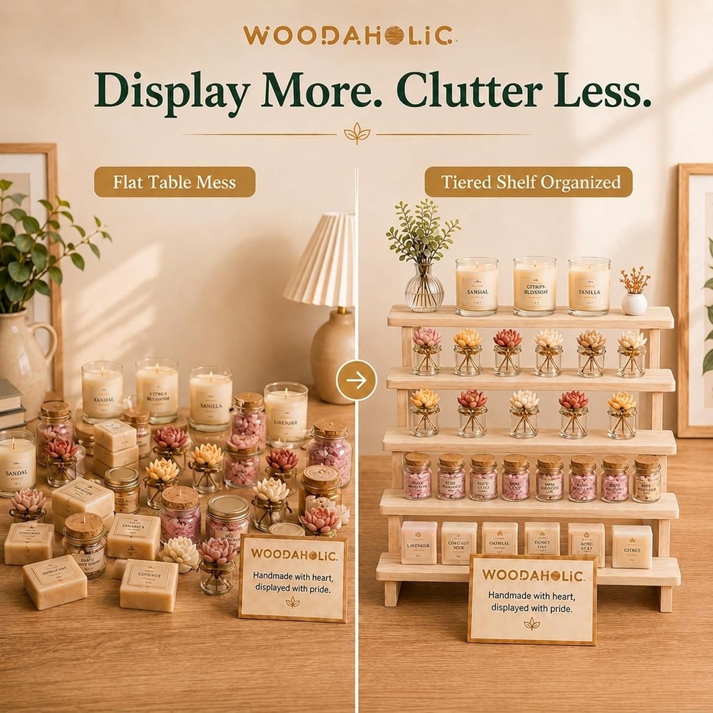 Natural Wood 5-Tier Display Riser Stand - Tabletop Stair-Step Shelf for Perfume, Cupcakes, Candles, Crystals, Nail Polish & Vendor Booths