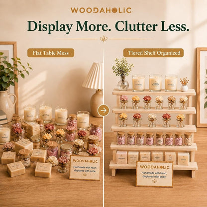 Natural Wood 5-Tier Display Riser Stand - Tabletop Stair-Step Shelf for Perfume, Cupcakes, Candles, Crystals, Nail Polish & Vendor Booths