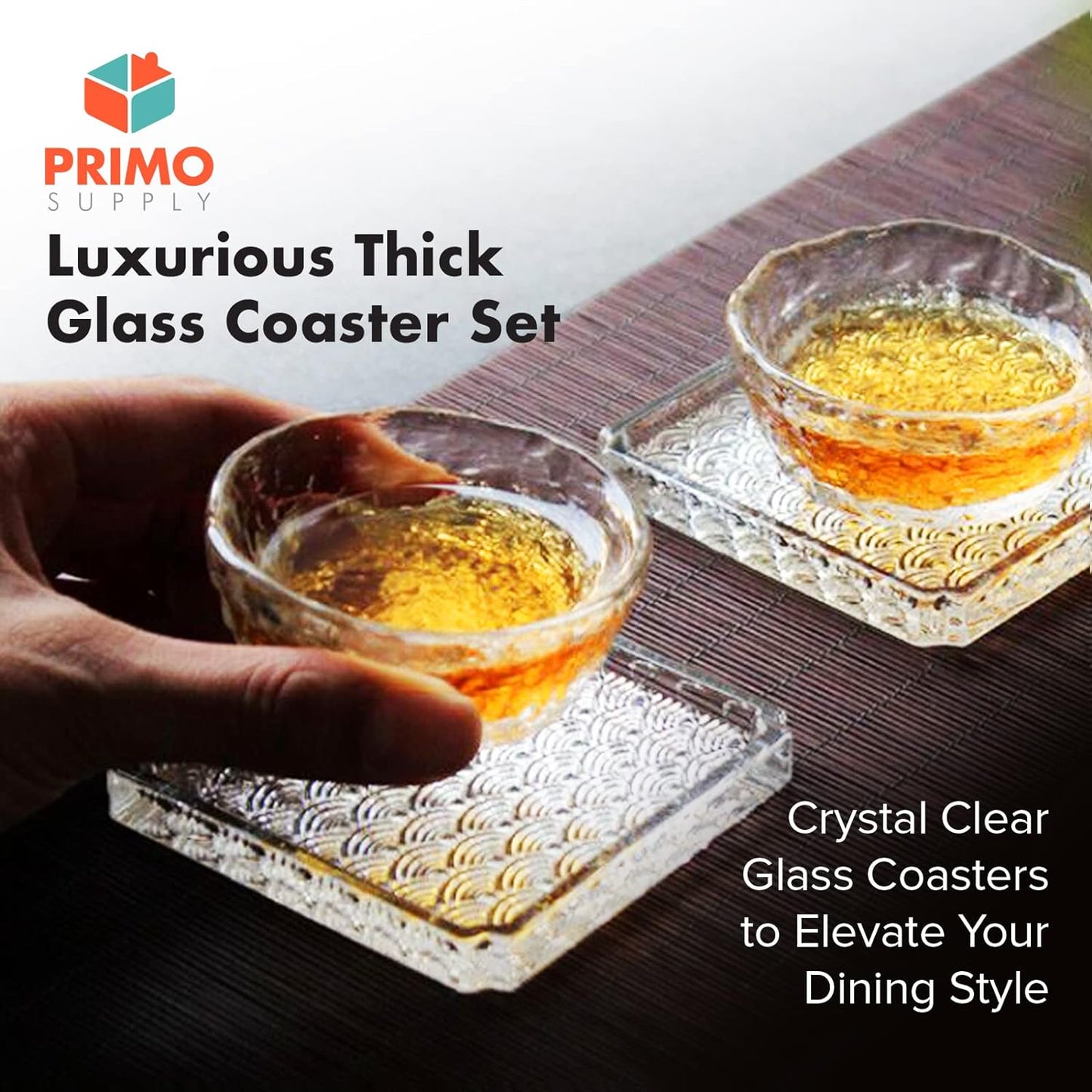 Crystal Clear Square Glass Coasters for Drinks -3x3 inches-Thick Glass Drink Coasters with Outer Lip