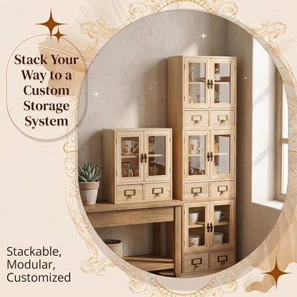 Natural Pine Glass Door Display Cabinet Set - Stackable 4-Piece Wooden Storage Organizer with 8 Drawers for Collectibles, Tea, Crafts & Decor