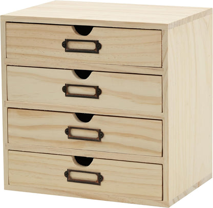 DIY Wooden Unfinished 4-Drawer Storage Box for Crafts, Office & Home | Personalizable, Compact Wooden Desktop Organizer