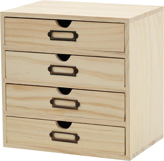 DIY Wooden Unfinished 4-Drawer Storage Box for Crafts, Office & Home | Personalizable, Compact Wooden Desktop Organizer