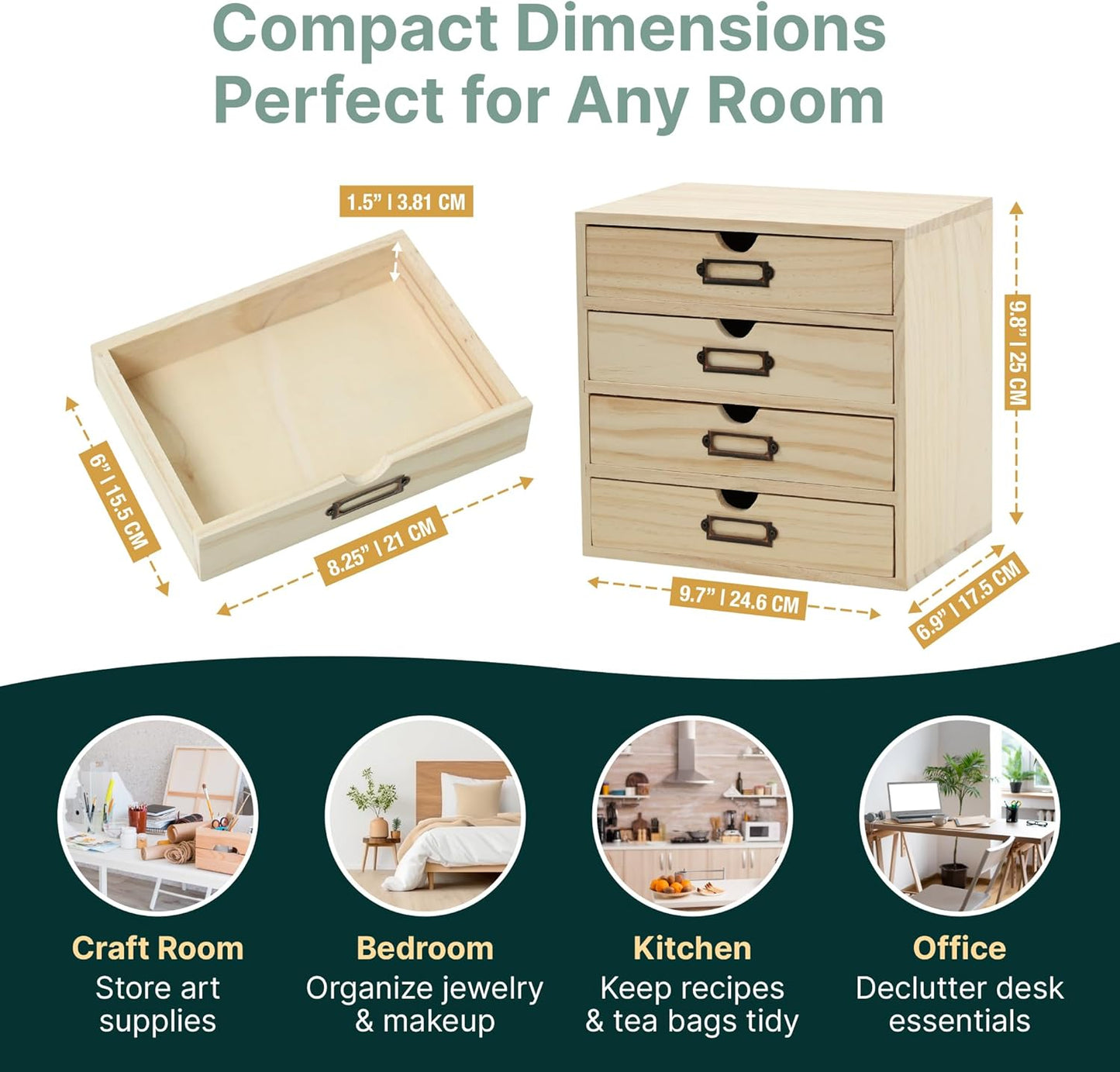 DIY Wooden Unfinished 4-Drawer Storage Box for Crafts, Office & Home | Personalizable, Compact Wooden Desktop Organizer
