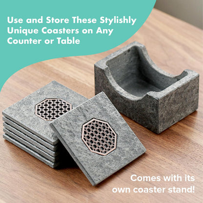 Greystone Boulder Square 3x3'' Stone Coasters Set of Stylish Concrete Rock Drink Coasters with Stand