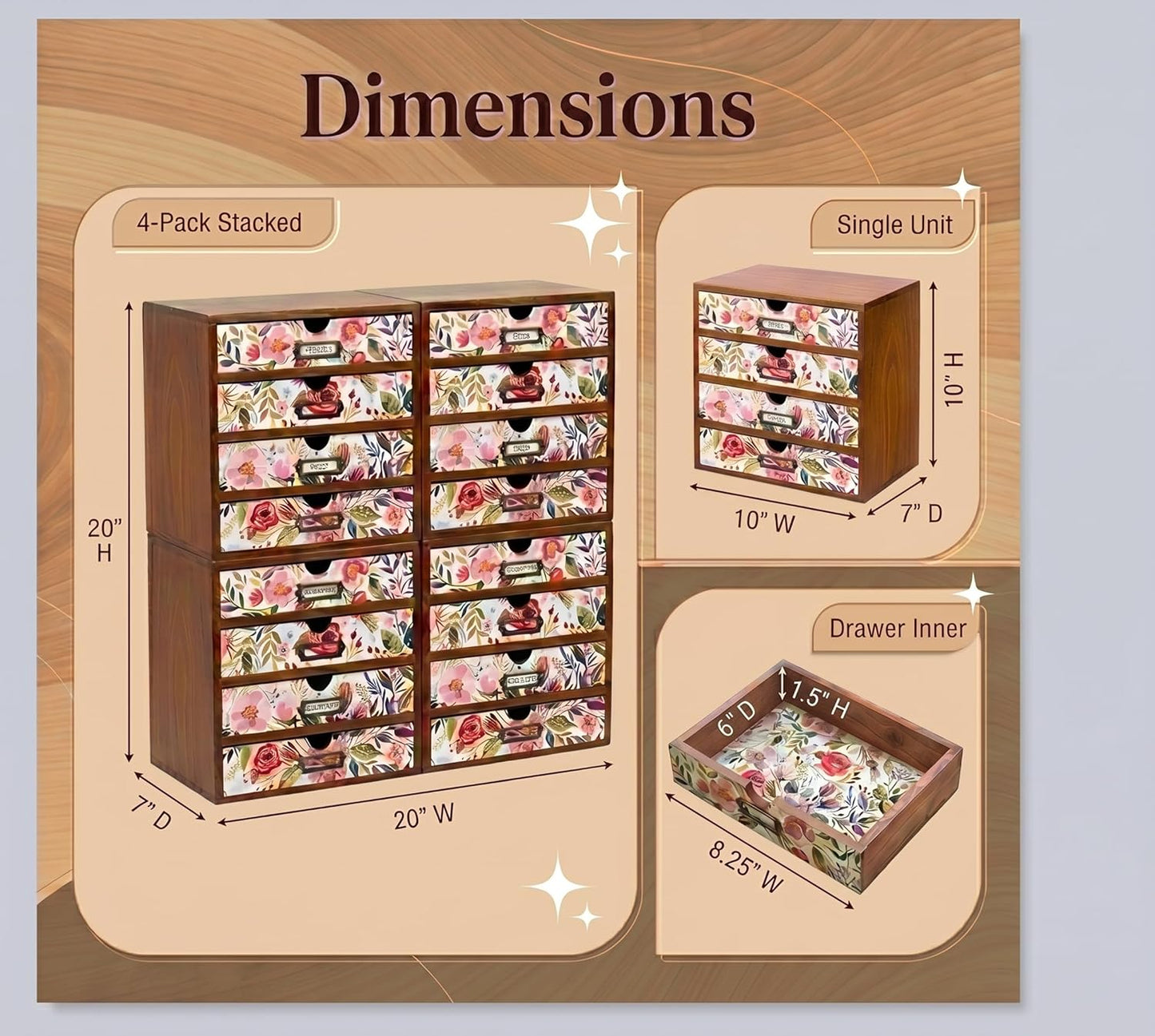 Floral 16-Drawer Wooden Organizer Set - Modular Stackable Desktop Storage Cabinet for Desk, Vanity, Kitchen, Crafts & Jewelry