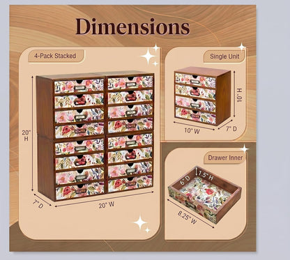 Floral 16-Drawer Wooden Organizer Set - Modular Stackable Desktop Storage Cabinet for Desk, Vanity, Kitchen, Crafts & Jewelry
