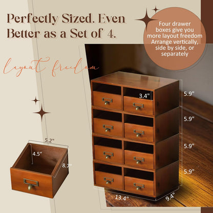 4-Pack Wide Wooden Desktop Drawer Organizer with Brass Label Holders | Stackable 8-Drawer Storage Boxes for Desk, Shelf, Office & Home