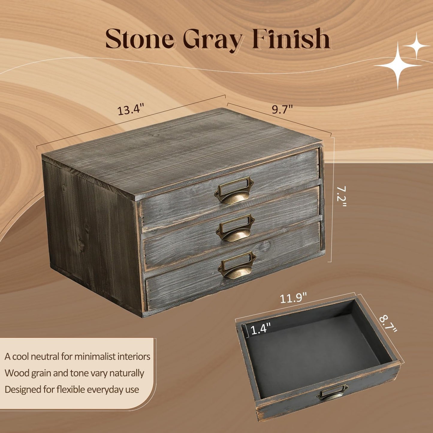 Stone Gray Wooden 3-Drawer Desktop Organizer - Stackable Modular Storage Cabinet with Label Pull Handles for Desk & Shelf