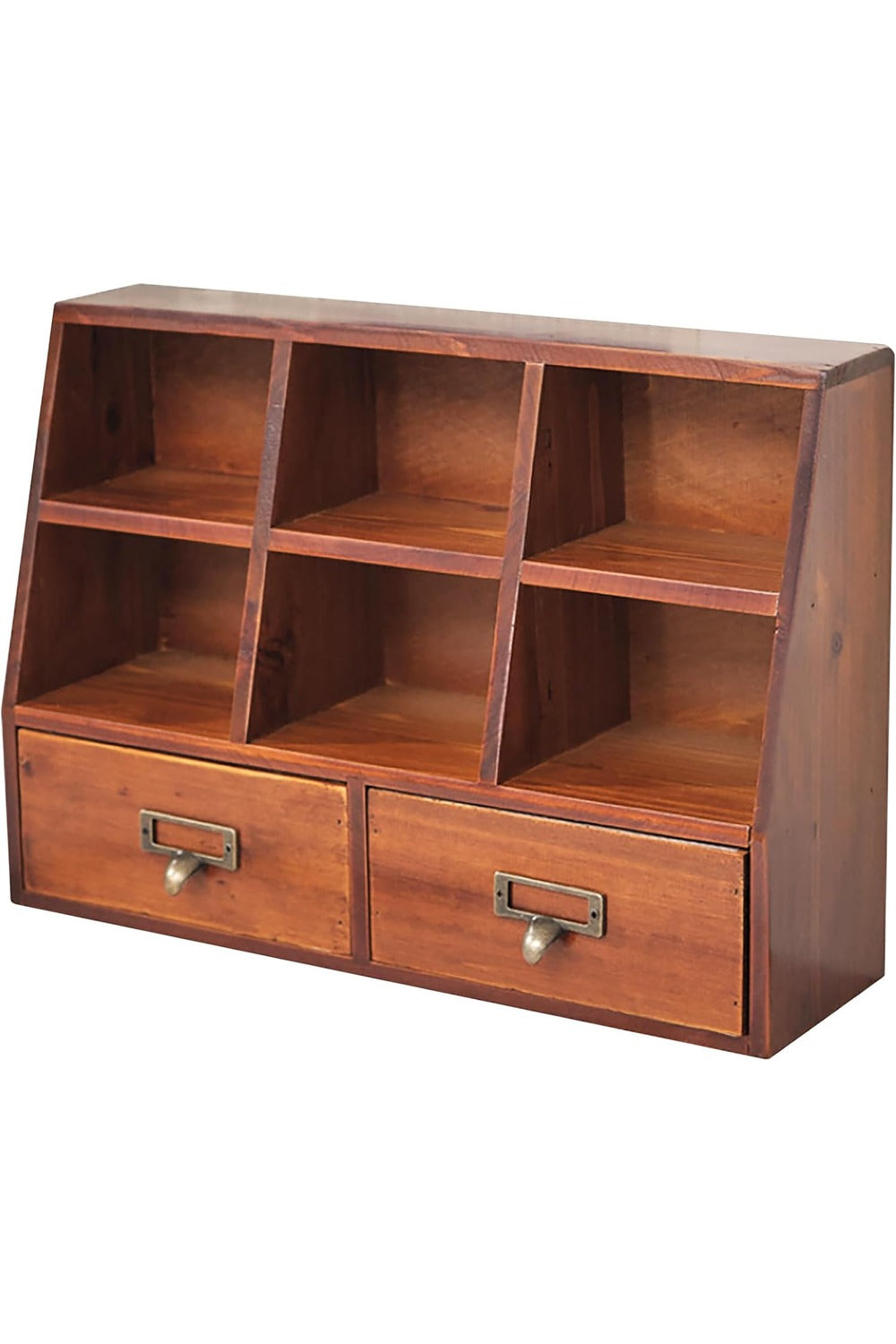 Load image into Gallery viewer, Vintage Mahogany Mini Pigeon Hole Organizer: 6-Compartment Desk Stand with Dual Drawers for Office &amp; Home