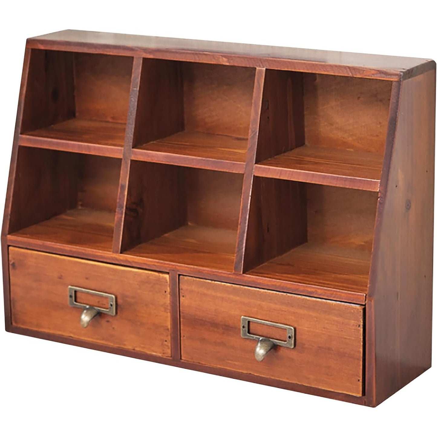 Vintage Mahogany Mini Pigeon Hole Organizer: 6-Compartment Desk Stand with Dual Drawers for Office & Home