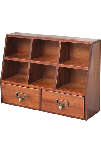 Vintage Mahogany Mini Pigeon Hole Organizer: 6-Compartment Desk Stand with Dual Drawers for Office & Home