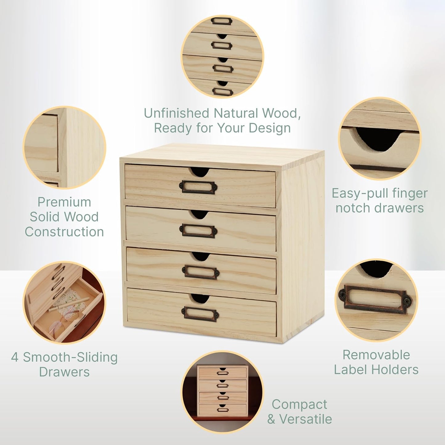 DIY Wooden Unfinished 4-Drawer Storage Box for Crafts, Office & Home | Personalizable, Compact Wooden Desktop Organizer