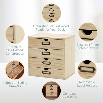 DIY Wooden Unfinished 4-Drawer Storage Box for Crafts, Office & Home | Personalizable, Compact Wooden Desktop Organizer