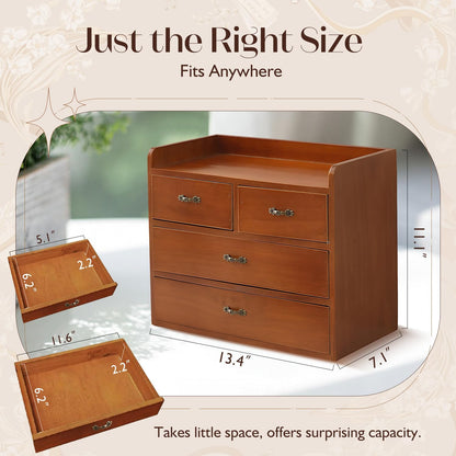 Vintage Wooden 4-Drawer Desk Organizer Cabinet | Small Desktop Storage Chest for Jewelry, Makeup, Office Supplies & Accessories