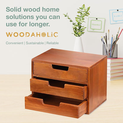 Triple Drawer Desktop Storage Organizer in Modern Wood Design-Countertop Organizer Drawer in Mahogany Wood