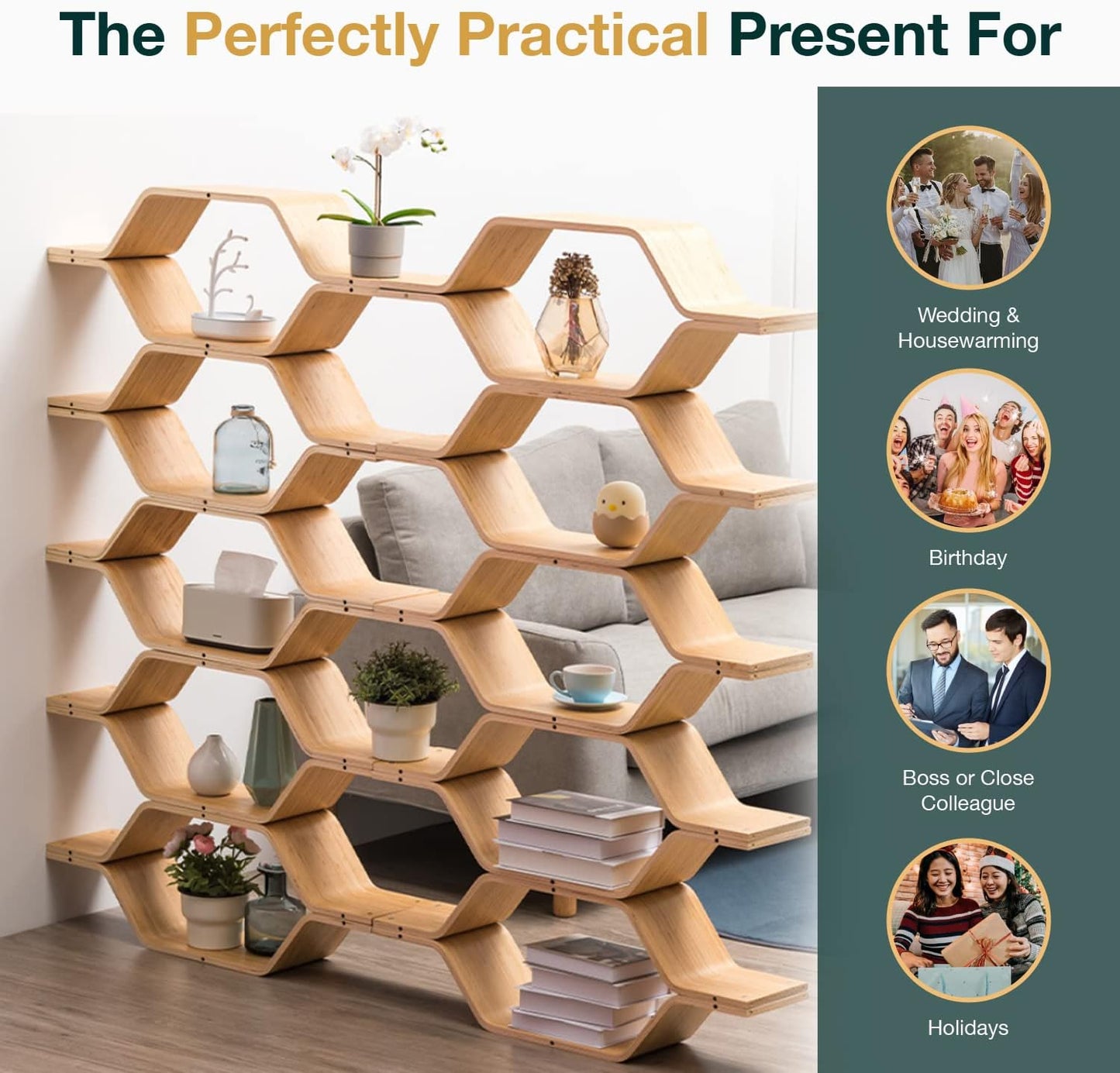 6-Level Honeycomb Hexagon Shelving Set - 5ft Tall DIY Wood Shelves Slim Shelf Room Divider